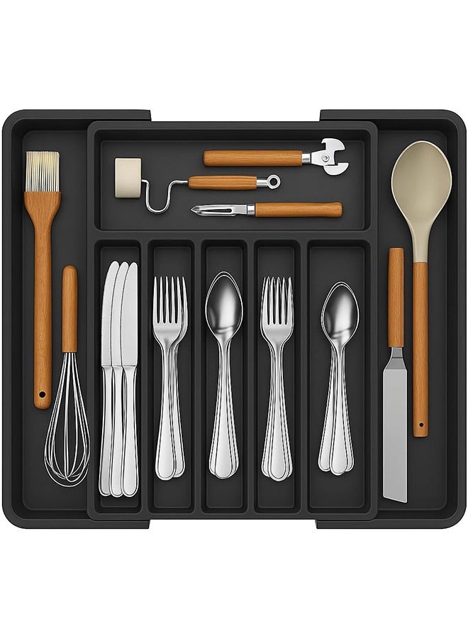 عربست منظم أدراج أدوات المائدة، صينية أدوات مائدة قابلة للتمدد للمطبخ، حامل أدوات مائدة خالٍ من مادة BPA، مساحة تخزين بلاستيكية قابلة للتعديل للملاعق والشوك والسكاكين، كبير، أسود، 33-57*38*5 سم - Image 1